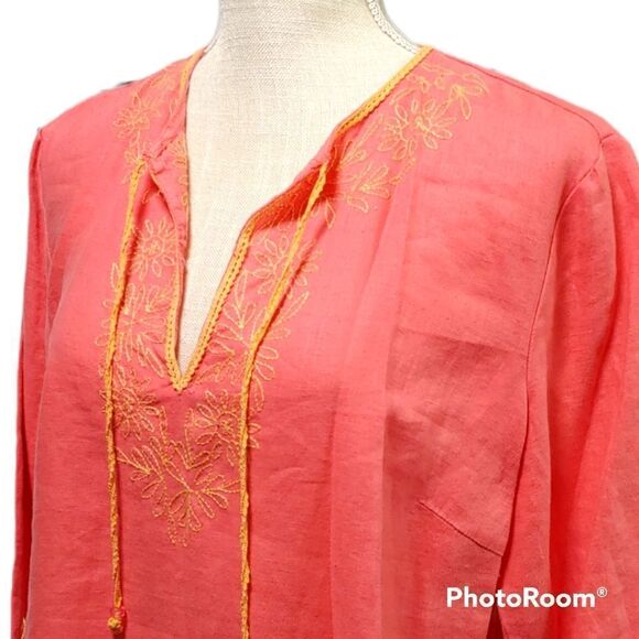 Gap large red 100% linen embroidered tie neckline quarter sleeve top - Picture 3 of 6